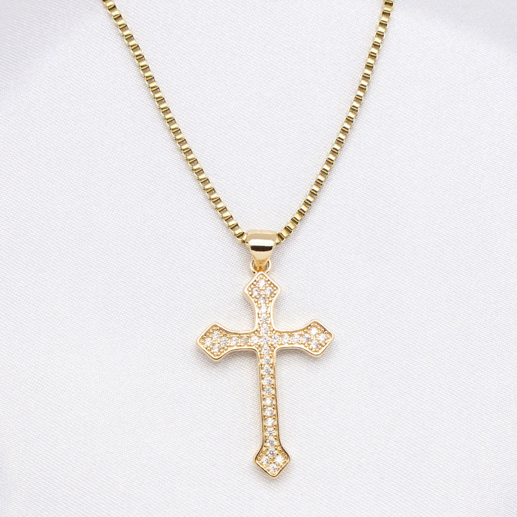 Iced Halo Cross Necklace – Gold