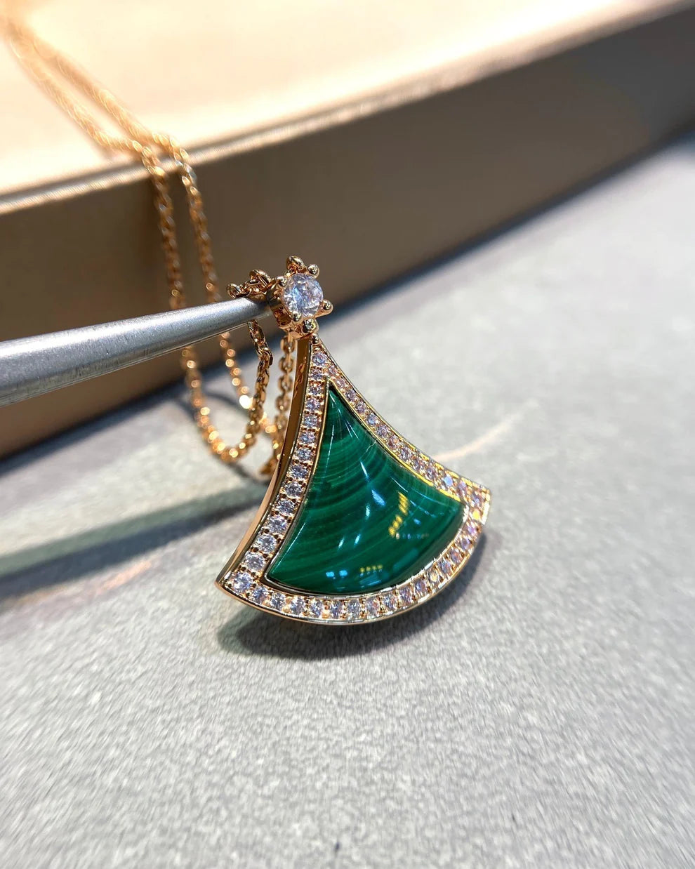 Elysian Necklace – Malachite & Diamond Pavé, 14k Gold-Plated Silver