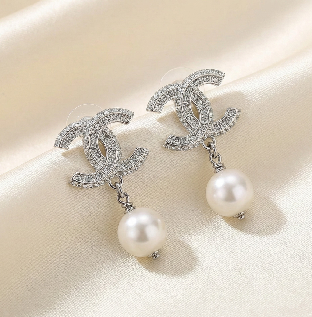 Pearl Drop Pave Emblem Earrings
