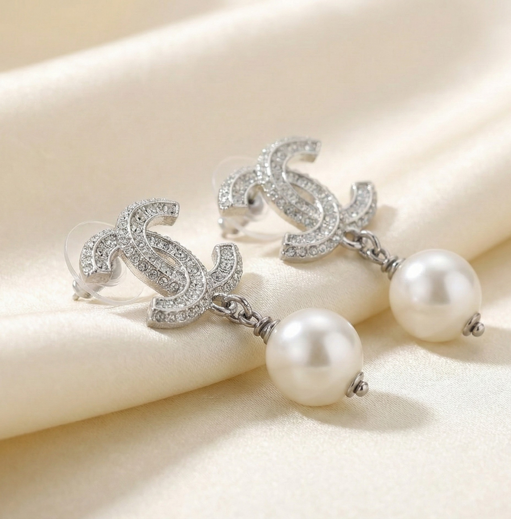 Pearl Drop Pave Emblem Earrings