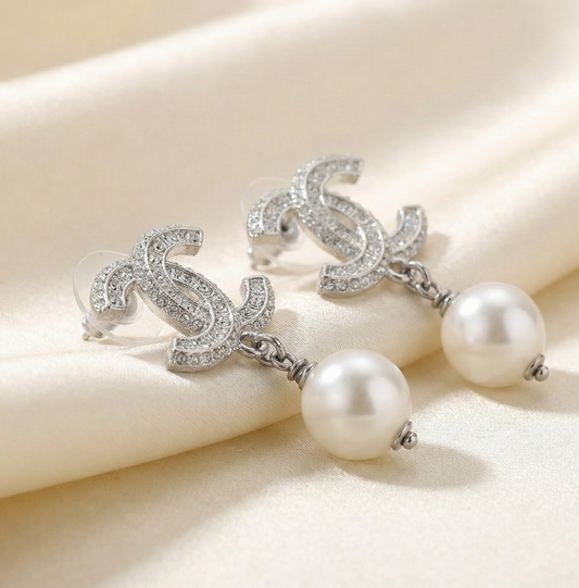Pearl Drop Pave Emblem Earrings