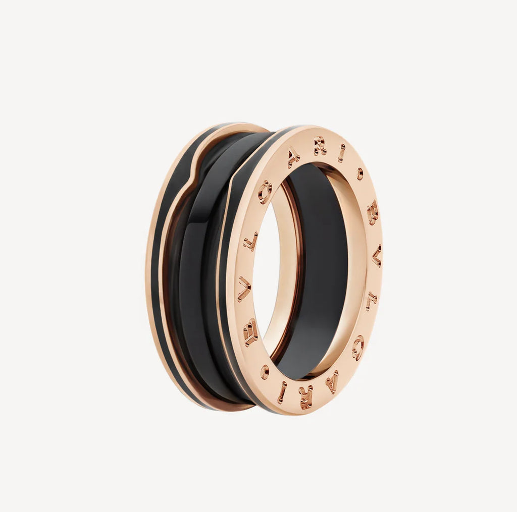 TWO-BAND WITH MATTE BLACK CERAMIC PINK GOLD RING