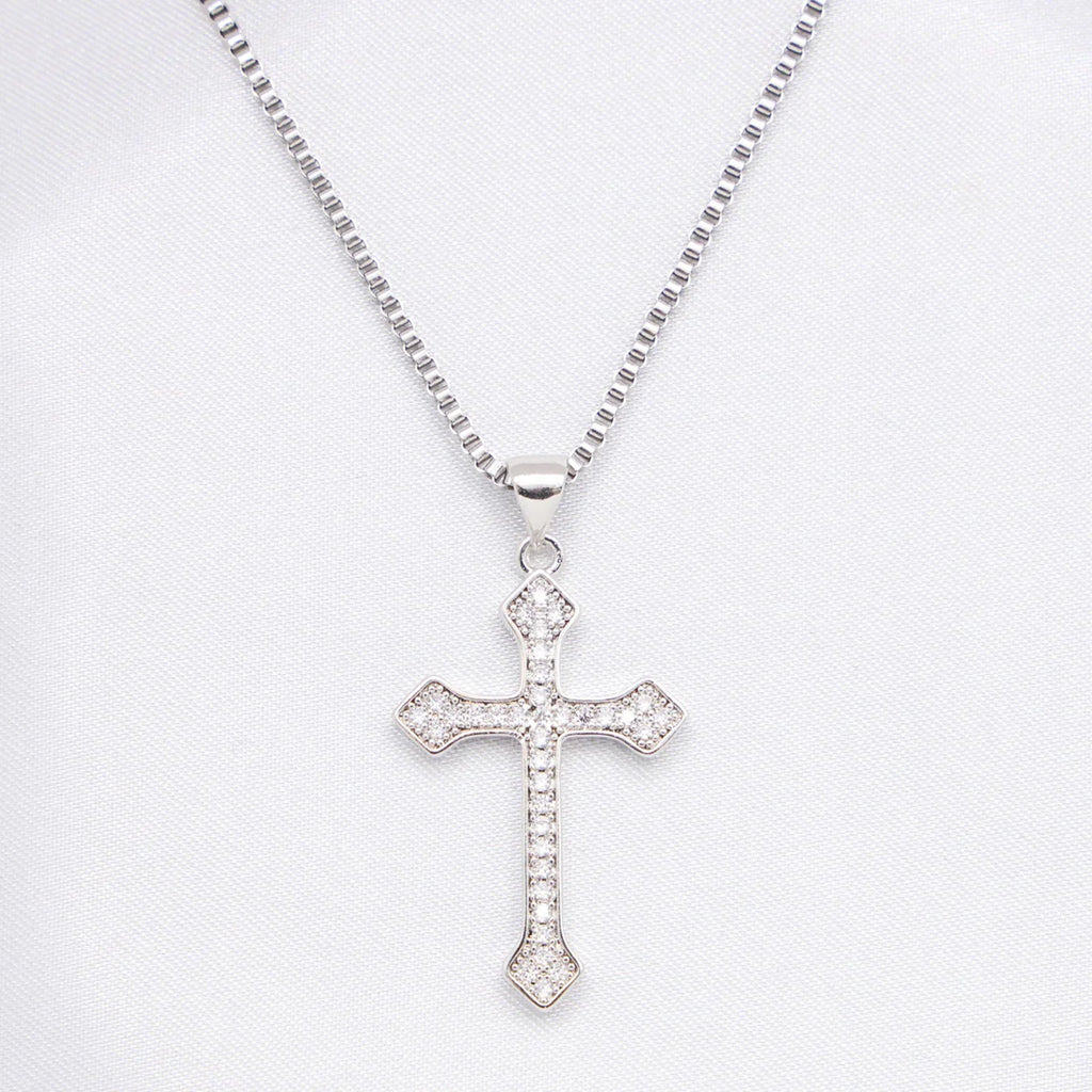 Budded Grace Cross – White Gold Finish