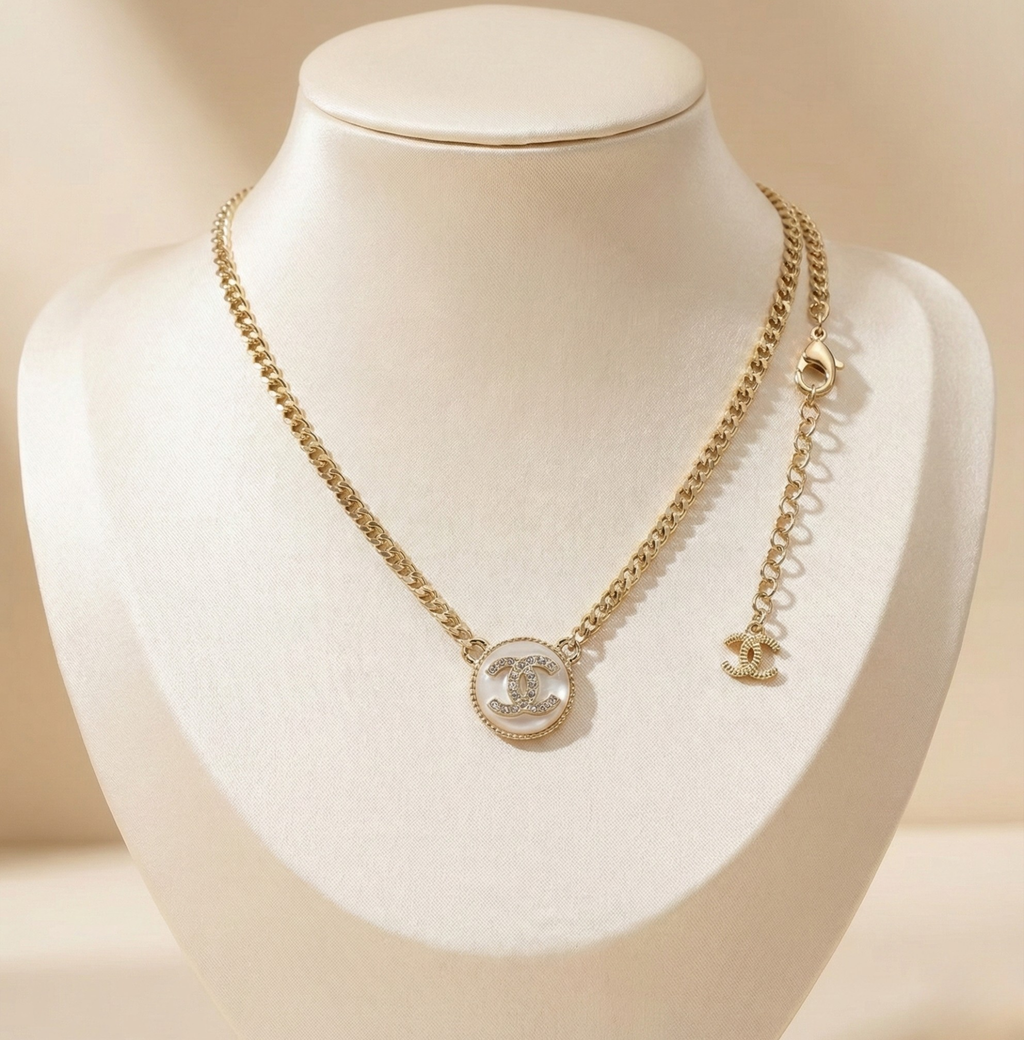 Pave Emblem Pearl Chain Necklace