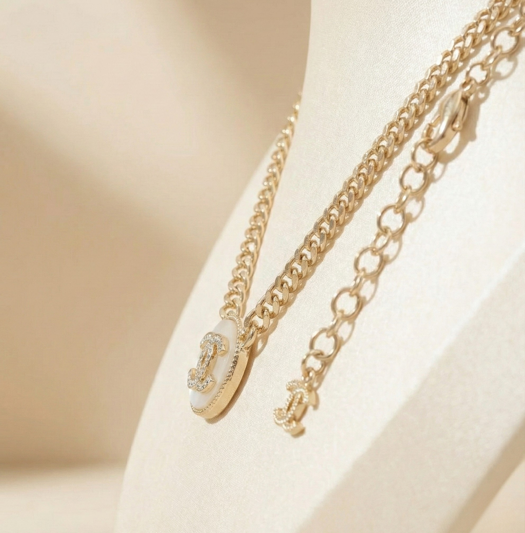 Pave Emblem Pearl Chain Necklace