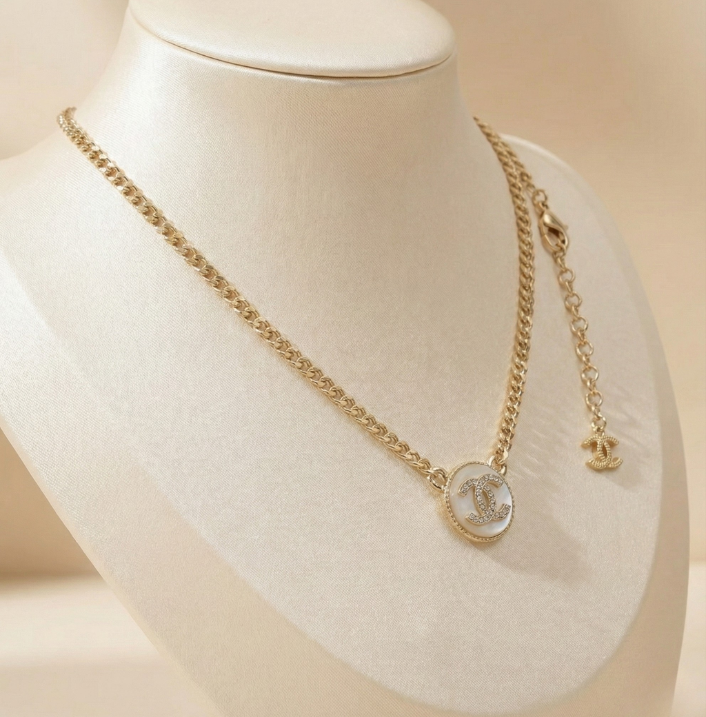Pave Emblem Pearl Chain Necklace