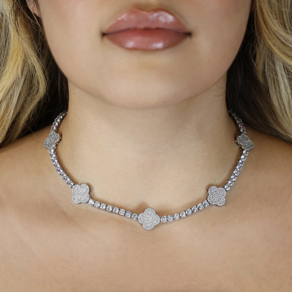 4mm Clover Tennis Necklace - White Gold