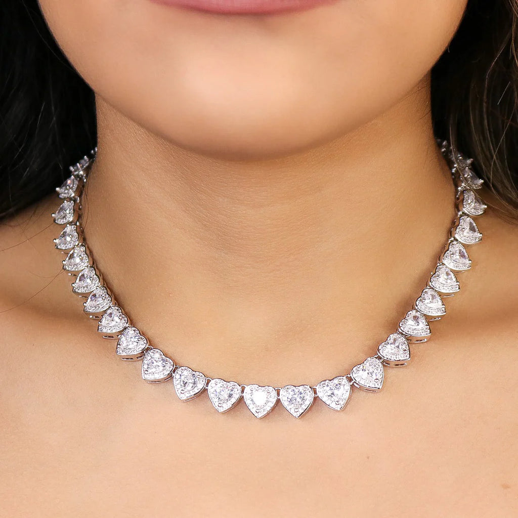Heart Diamond Clustered Tennis Necklace - White Gold